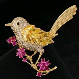 Gold & Pink Bird Brooch